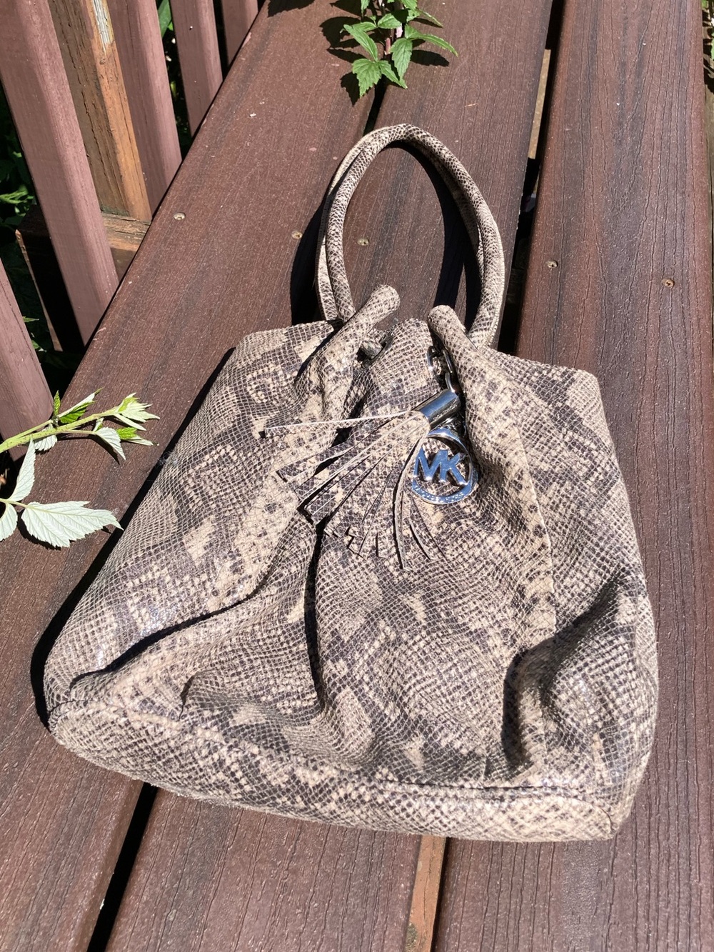 Michael Kors Snakeskin Print Drawstring Bucket Shoulder Bag MK Charm 12x12